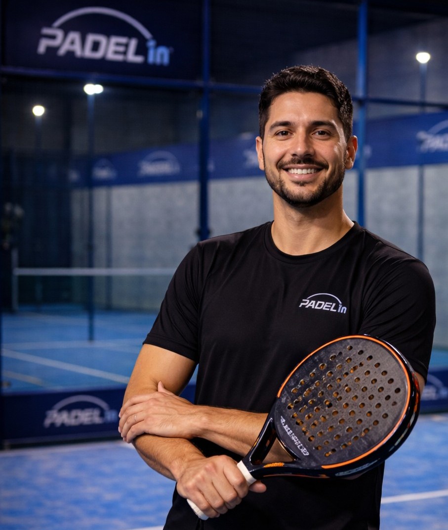 Karim Haddad holding a padel racket on court